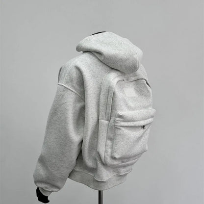 Men's light grey hooded sweatshirt jacket featuring a distinctive schoolbag design on the back.