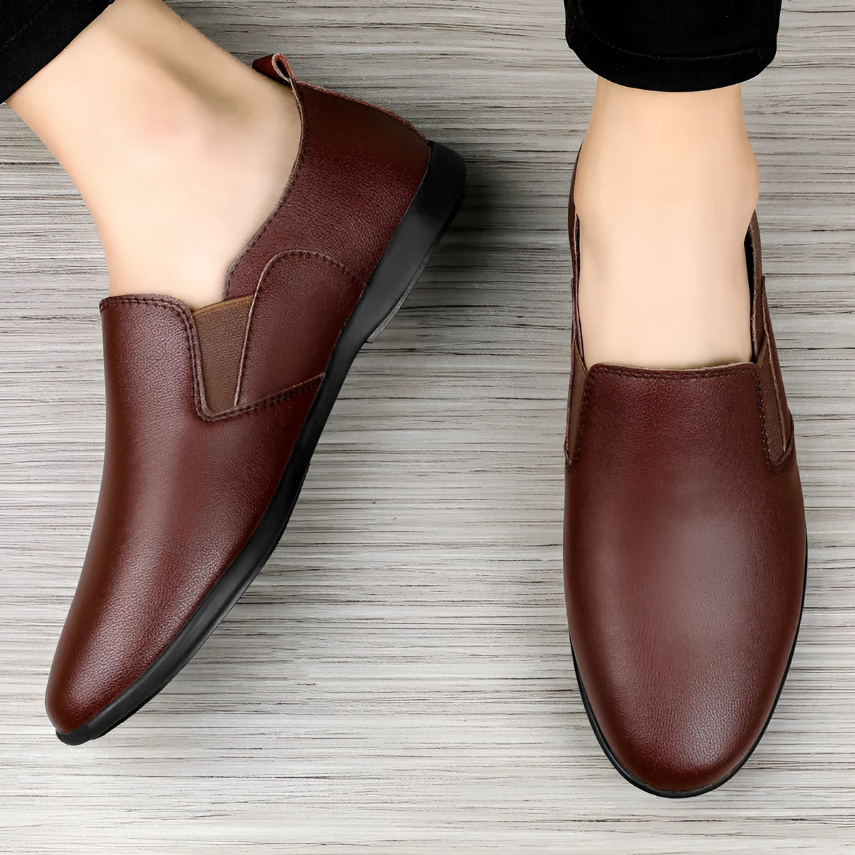 Men's black and brown leather dress shoes with round toe and breathable design