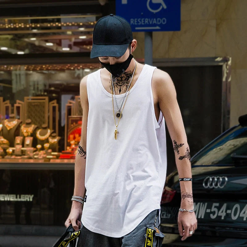 Men's cotton sleeveless scoop tank top with printed design in various colours