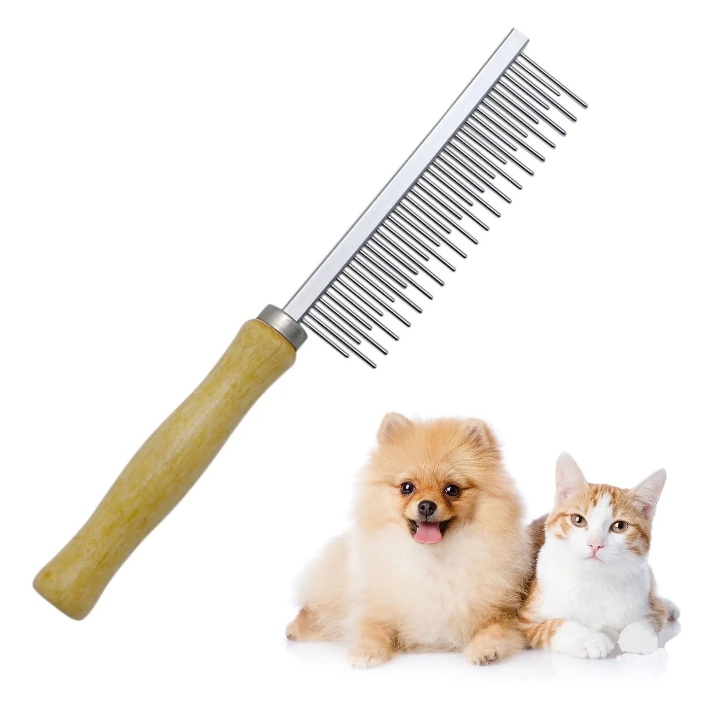 Wooden handle pet grooming comb with round stainless steel needles for dogs and cats