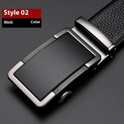 Men's leather belt with automatic buckle in gold, silver and gun black colours showing comfort click mechanism