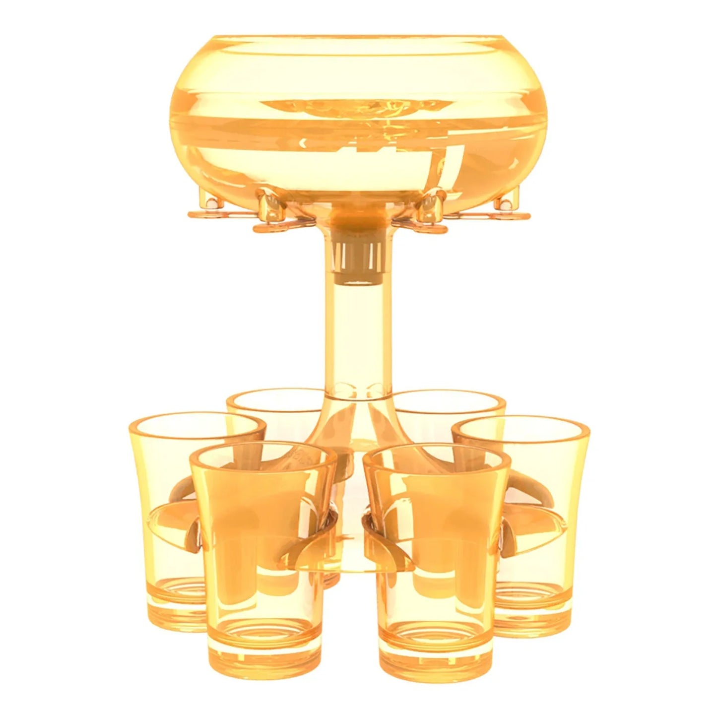 Transparent six-shot glass dispenser rack with individual covers on a wooden bar