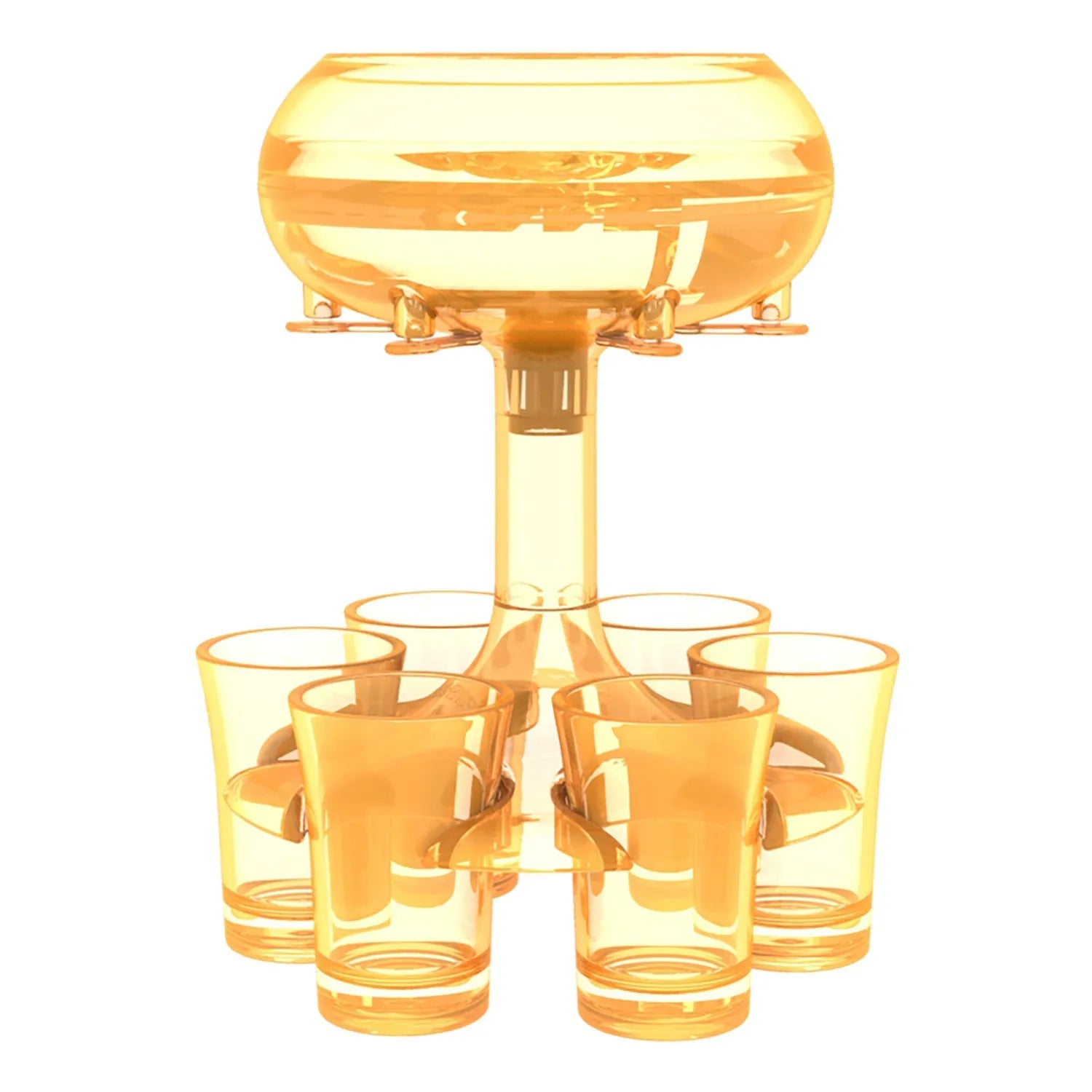 Transparent six-shot glass dispenser rack with individual covers on a wooden bar