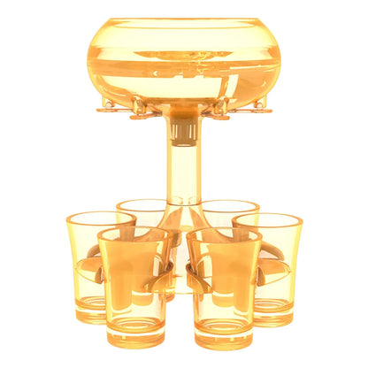 Transparent six-shot glass dispenser rack with individual covers on a wooden bar