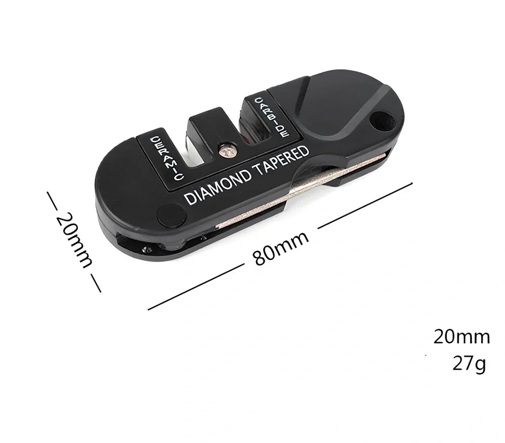 Black Pocket Pal knife sharpener with carbide blades, ceramic slot, and diamond rod, 3-1/2 inches long for hiking use