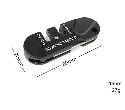 Black Pocket Pal knife sharpener with carbide blades, ceramic slot, and diamond rod, 3-1/2 inches long for hiking use
