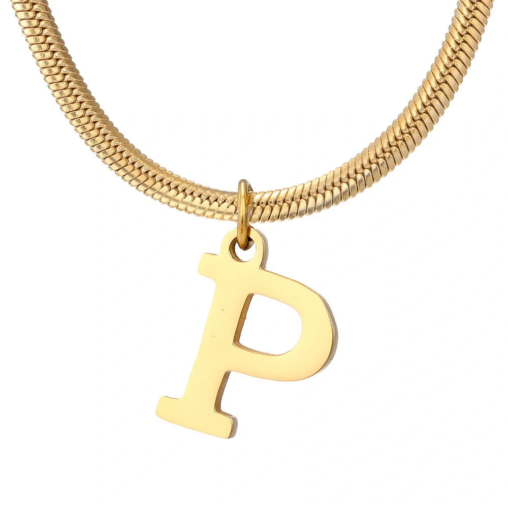 Elegant gold A-Z letter pendant necklace on a snake chain