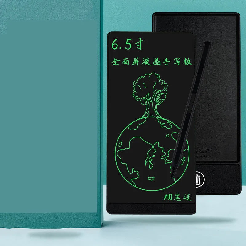 Blue student LCD handwriting tablet with stylus on a 6.5 inch screen for writing and arithmetic practice.