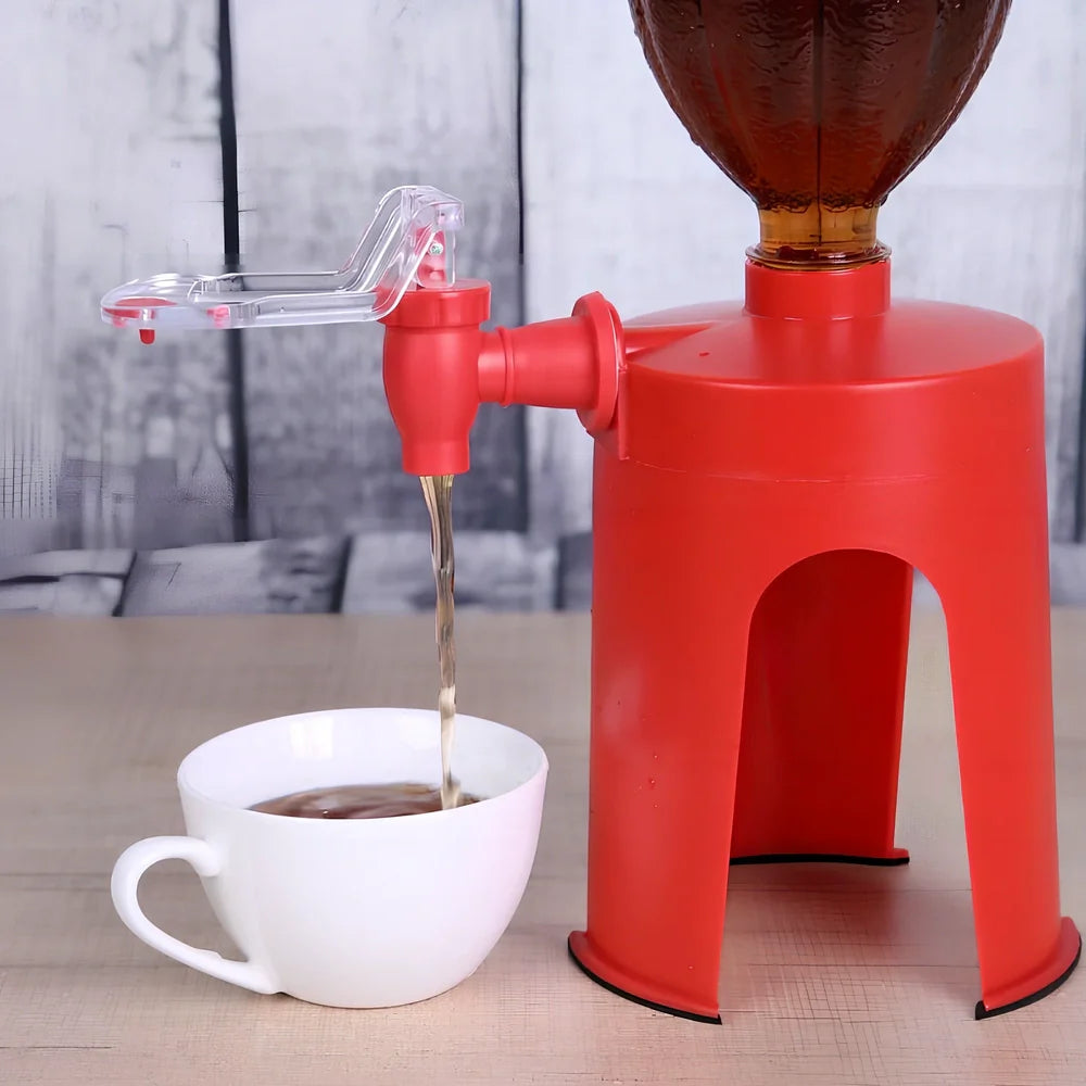 Red automatic soda dispenser gadget attached to beverage bottle for hands-free pouring