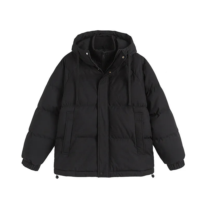 Loose winter cotton-padded coat in mustard yellow with side pockets and cardigan style