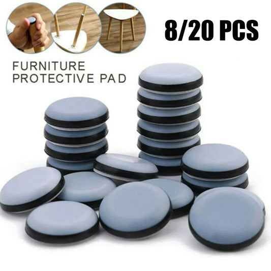 Blue grey 22mm adhesive slip pads attached to chair legs, preventing slides on hardwood floor, pack of 8