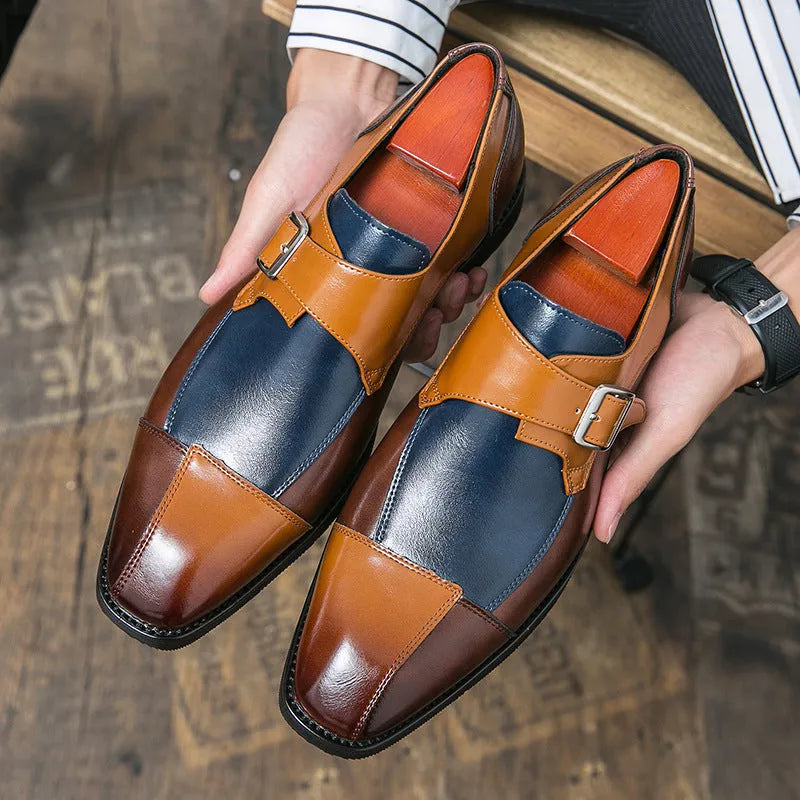 Men's brown blue and black retro-style casual leather shoes with a tall crown microfiber upper.