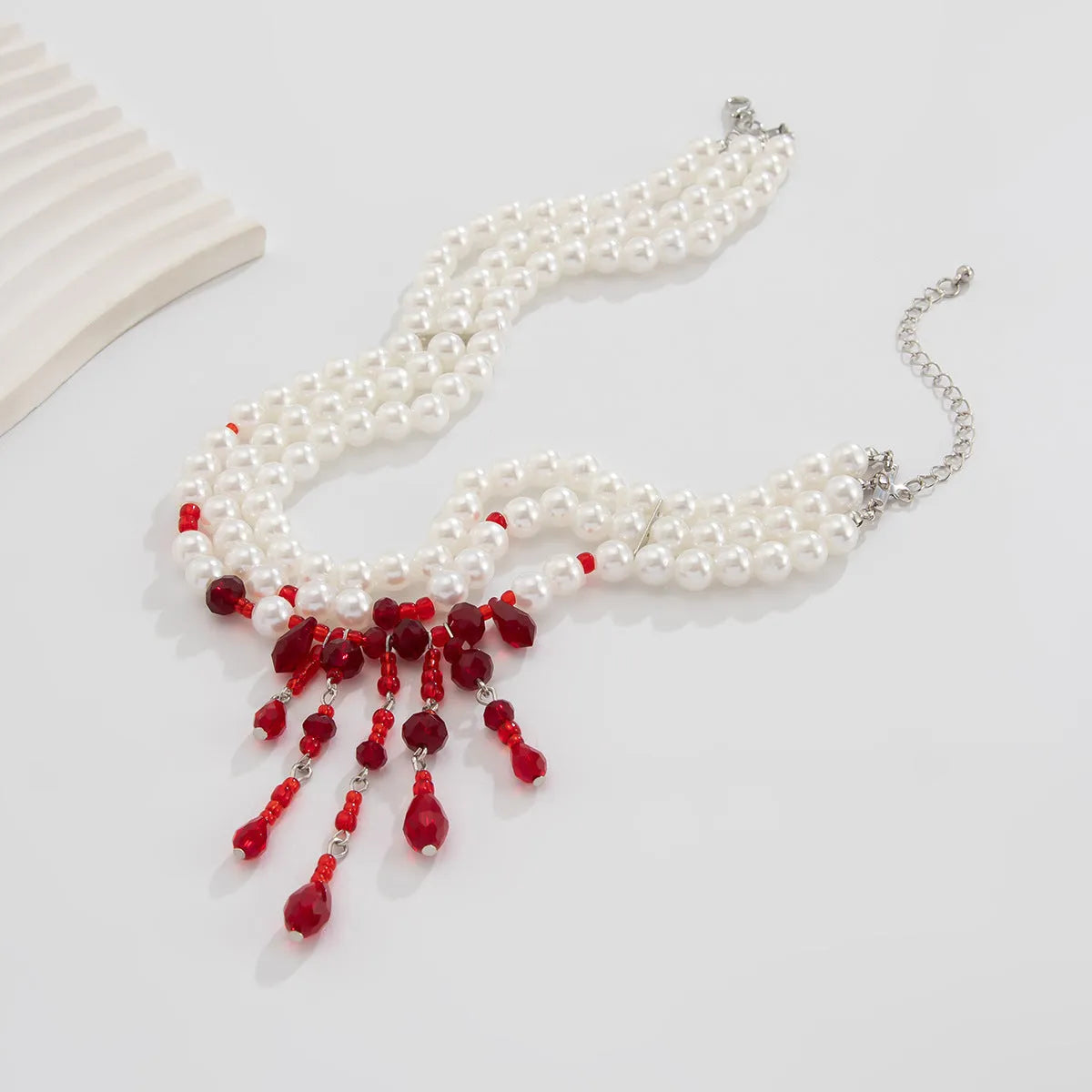 Men's Halloween blood drop tassel necklace with artificial crystal pendant and imitation pearl chain