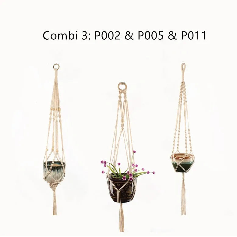 Handwoven natural cotton rope plant hanger cradling a green potted succulent on a wooden table.