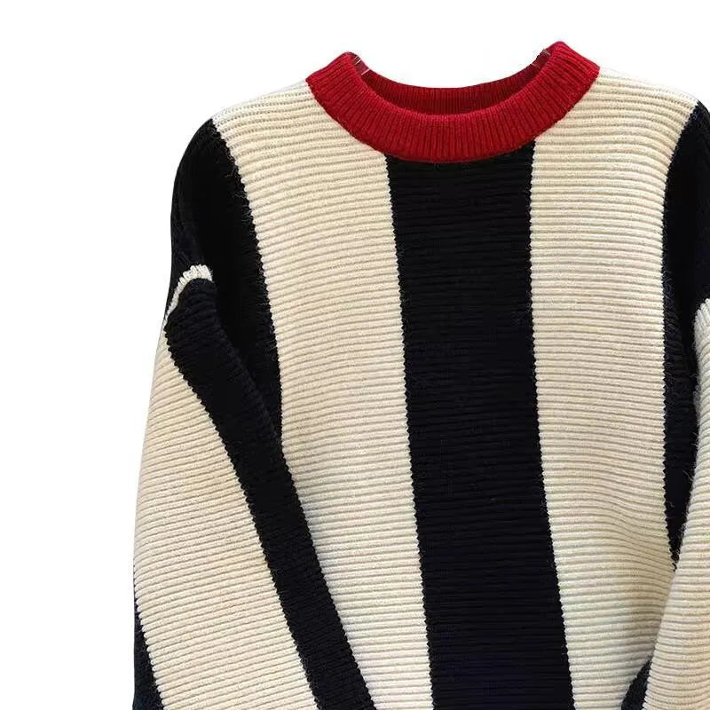 Women's striped cashmere pullover sweater with round neck and contrast colour knit