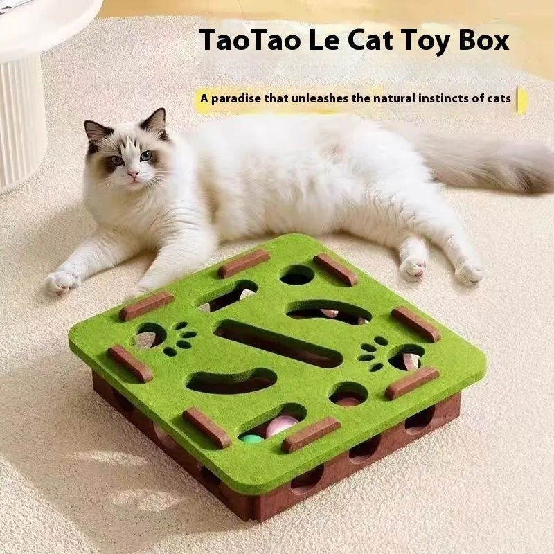 Green brown felt box cat toy with paw holes measuring 30 x 30 x 7.5 cm