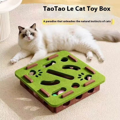 Green brown felt box cat toy with paw holes measuring 30 x 30 x 7.5 cm
