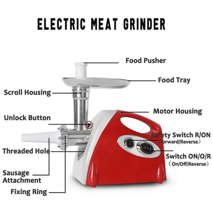 Red electric meat grinder with 800W motor processing 800g per minute with food grade materials