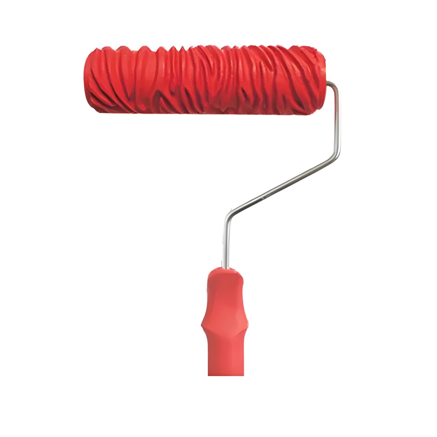 Red 7 inch texture paint embossing roller with patterned rubber head for DIY wall painting.