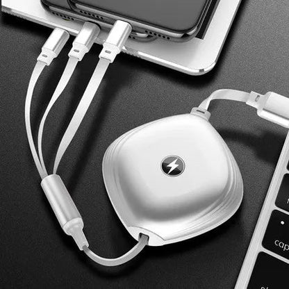 Black telescopic 3-in-1 charging cable with titanium alloy connectors extended on a white background.