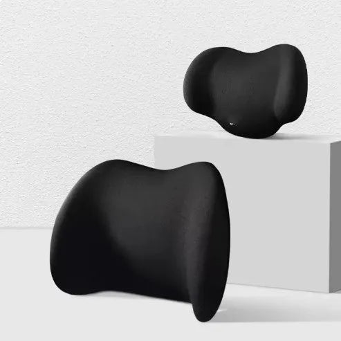 Black memory cotton car headrest cushion and matching lumbar support cushion on a car seat.