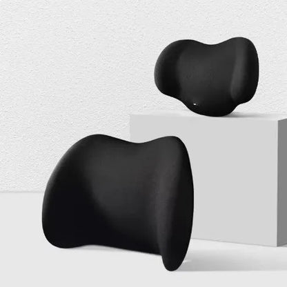 Black memory cotton car headrest cushion and matching lumbar support cushion on a car seat.