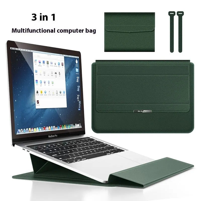 Three-in-one laptop bag in faux leather and plush, shown in black, dark blue, rose gold, grey, dark green, red or camel.