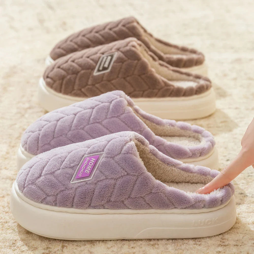 Cosy plush slippers with thick, non-slip soles and fleece lining, available in a variety of stylish colours