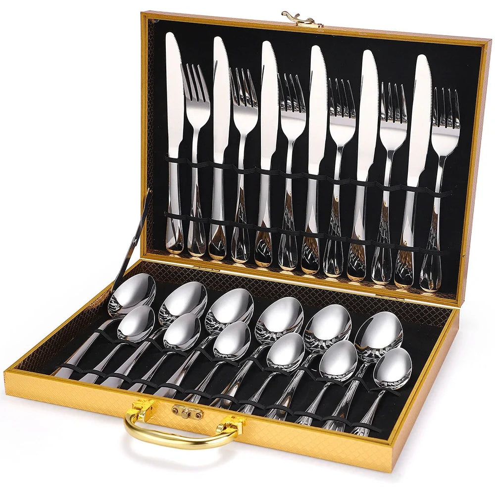 24-piece 18/10 stainless steel cutlery set in silver finish with knives, forks, spoons for six, optional wood box storage