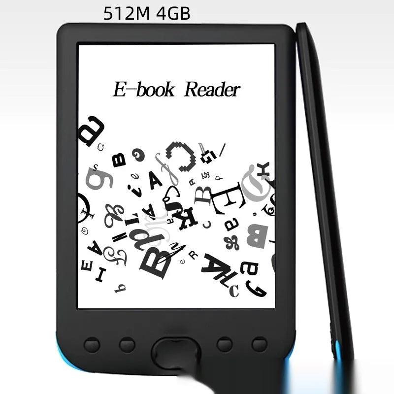 Black 6-inch e-ink screen e-book reader showing the display and compact design.