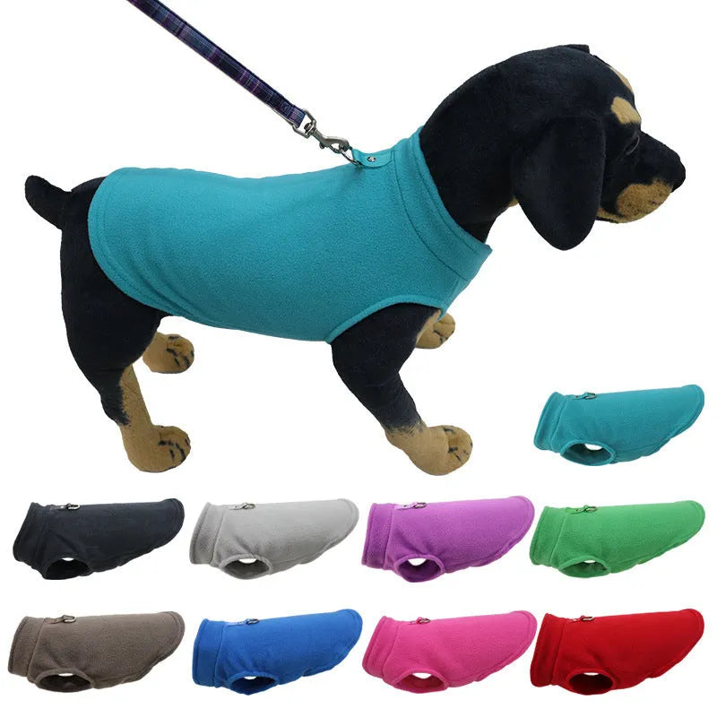 Thickened polar fleece dog waistcoat in solid colours red, black, blue, available in sizes S M L XL.