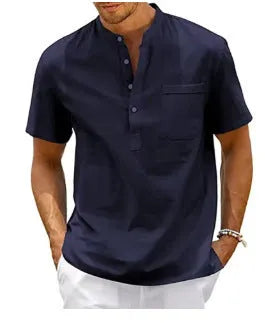 Men's solid colour short sleeve polo shirt with stand collar and loose fit, bird eye cloth, summer top.