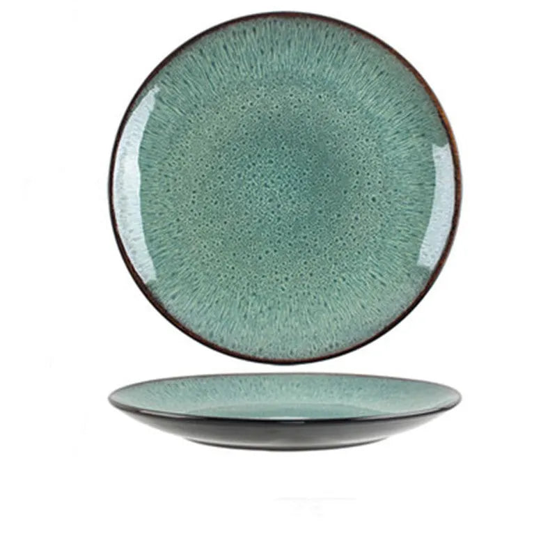 Retro European style porcelain bowls and plates set with round shape on dining table