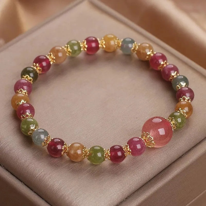 Women's 10mm tourmaline strawberry quartz bracelet with round beads and manual craftsmanship