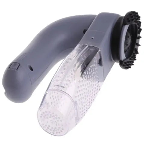 Grey handheld electric pet hair remover brush with soft rubber head for grooming dogs and cats.