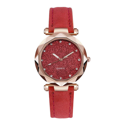 Elegant women's wrist watch with a captivating starry sky dial and leather strap, suitable for any occasion.