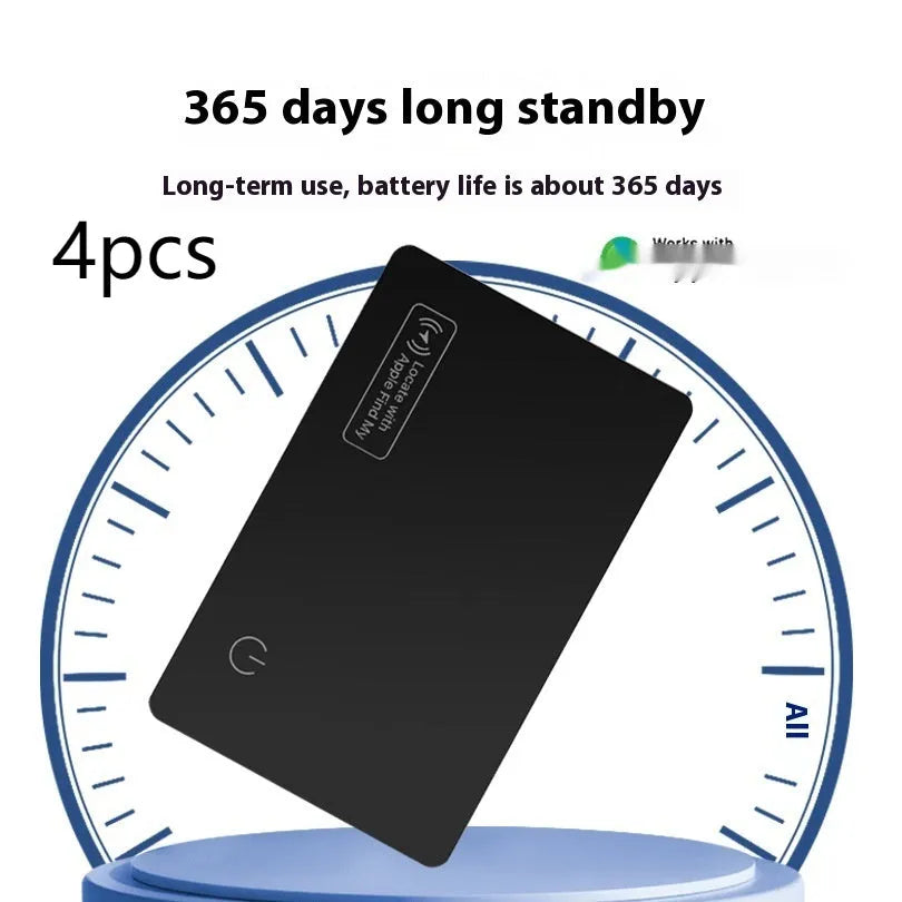 Black ultra-thin anti-loss alarm card for Apple devices, shown next to a credit card for size comparison.
