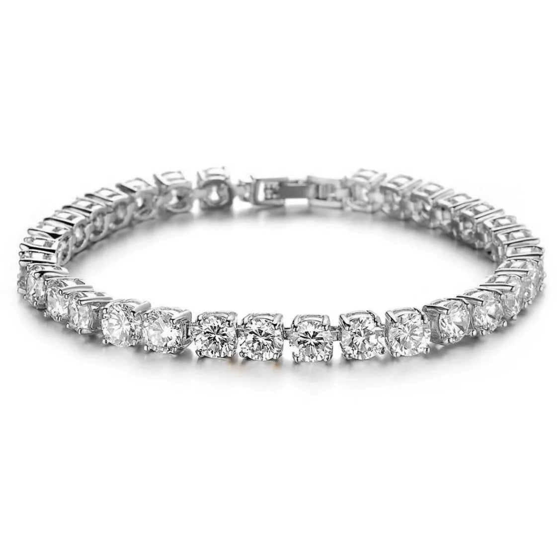 Men's silver alloy link bracelet with a row of clear rhinestones, shown on a wrist.