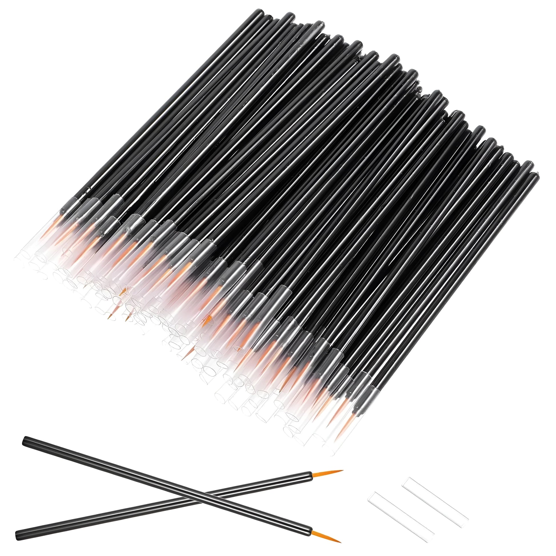 Pack of 100 black-handled disposable eyeliner brushes with ultra-fine tips and clear plastic sleeves.