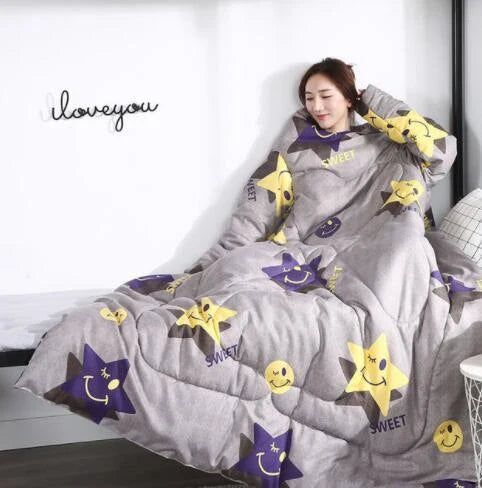 Cozy heated blanket with sleeves for comfortable lounging and hands-free relaxation
