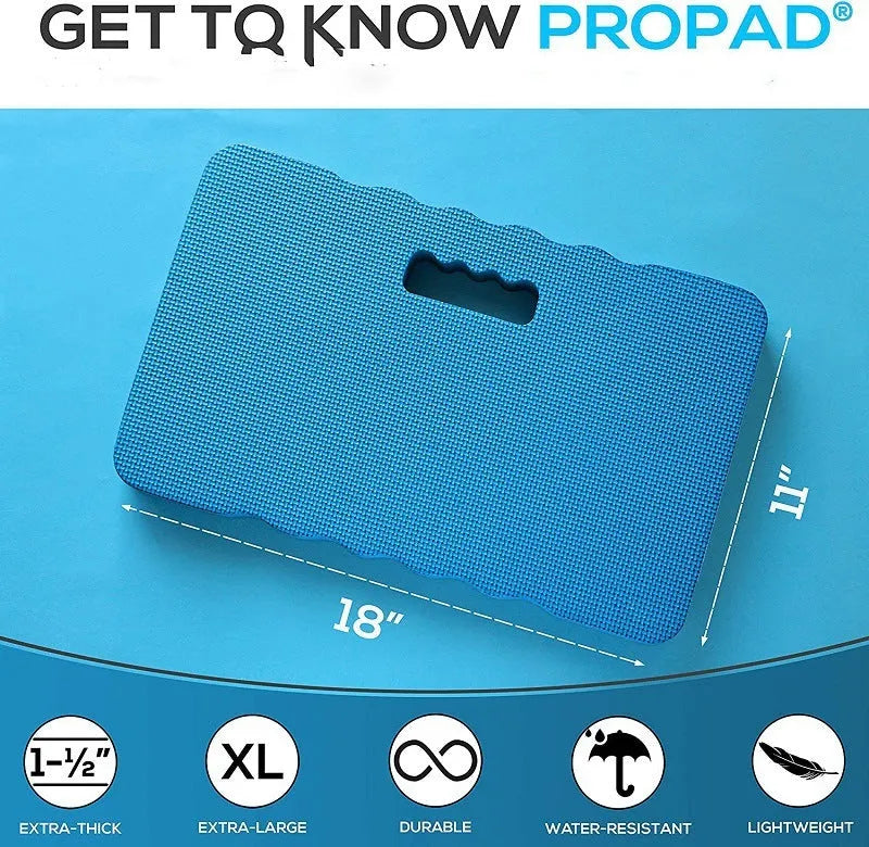 Blue waterproof plastic garden kneeler pad with central handle on grass