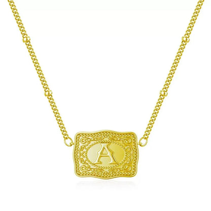 Personalised copper letter necklace with gold or white K electroplated finish, showing a single alphabet pendant.