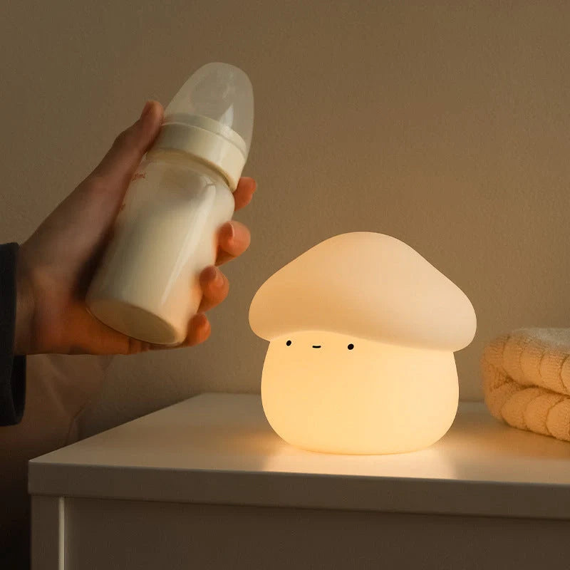 Adorable mushroom-shaped night light with warm yellow glow, perfect for children's bedrooms