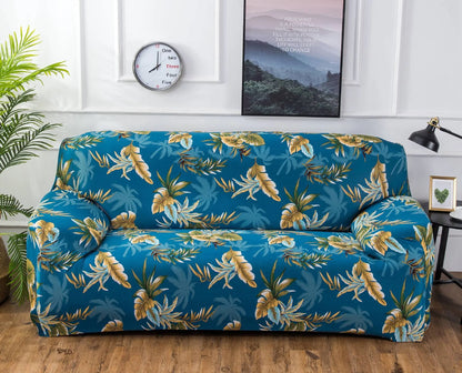 Printed stretchable sofa slipcover with geometric abstraction pattern on a three-seater sofa, showing tight fit and modern design.