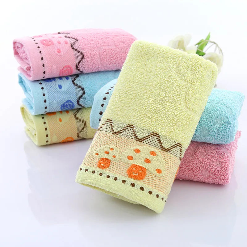 Cotton face towel in practical 73x33cm size, available in blue, pink and yellow solid colours plus decorative heart patterns, soft cotton fabric for daily facial use and personal hygiene routines