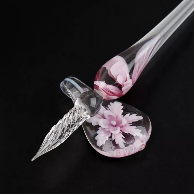Crystal Flower Glass Dip Pen Set with floral patterns and borosilicate glass construction
