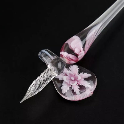 Crystal Flower Glass Dip Pen Set with floral patterns and borosilicate glass construction
