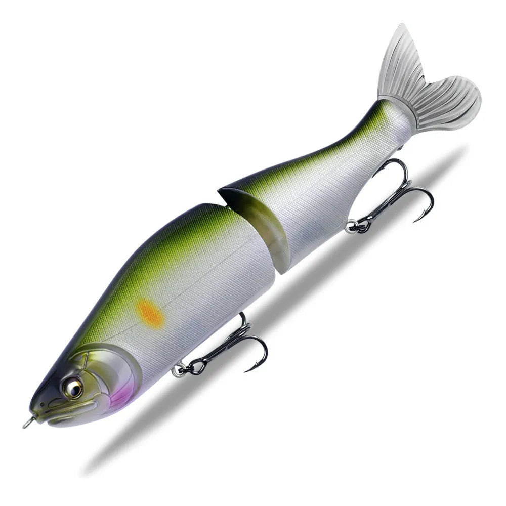A 185mm hard plastic fishing swim bait in a natural green colour with detailed scales and 3D eyes.