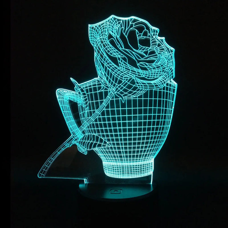 3D Rose Flower Night Light with remote control, touch switch, seven colour options including red, green, blue, yellow, teal, purple, and white featuring adjustable fixed colour or colourful gradient modes powered by 5V USB cable