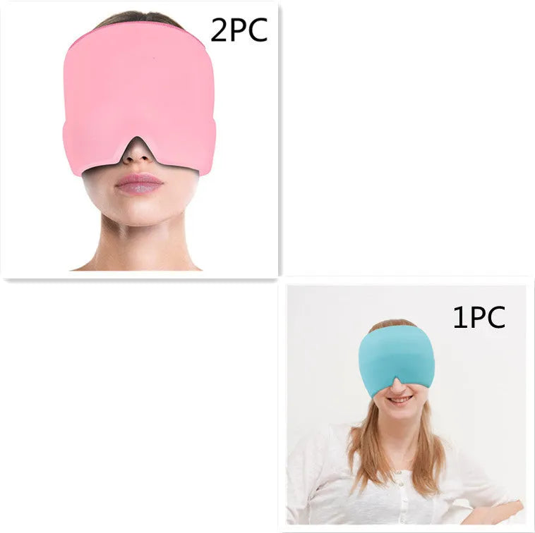 Black elastic cloth gel cold compress eye mask for headache relief on a grey background.